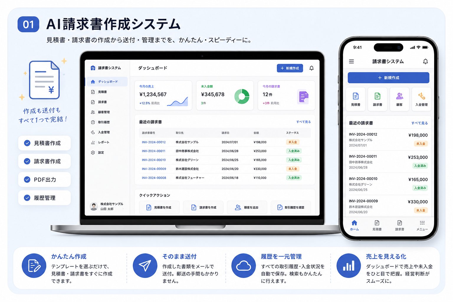 AI請求書作成システムの画面を表示したパソコンとスマートフォン